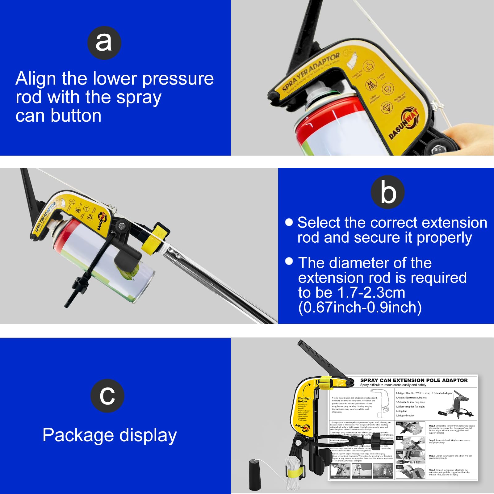 Dasunwat black extension pole adaptor enables high-reach cleaning and pest-control tasks