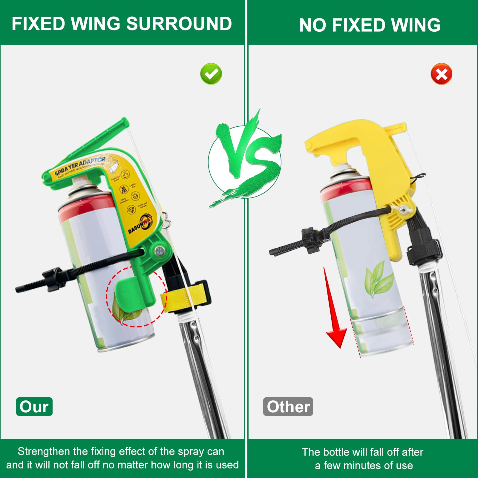 Dasunwat wing fixing under extension rod keeps the can secure during use.