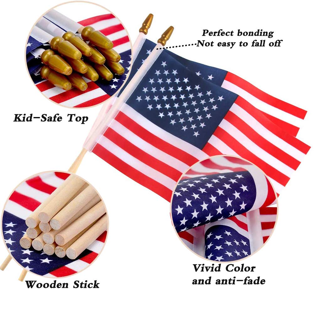 Datconect patriotic flags on sticks with antique spear top for safe handling.
