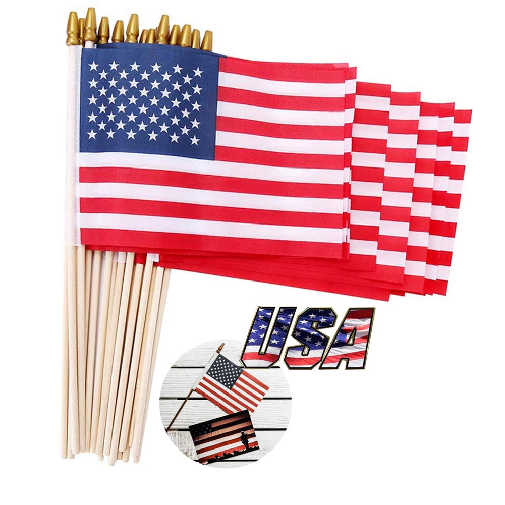 Datconect small American flag on a 12-inch staff for vivid patriotic display.