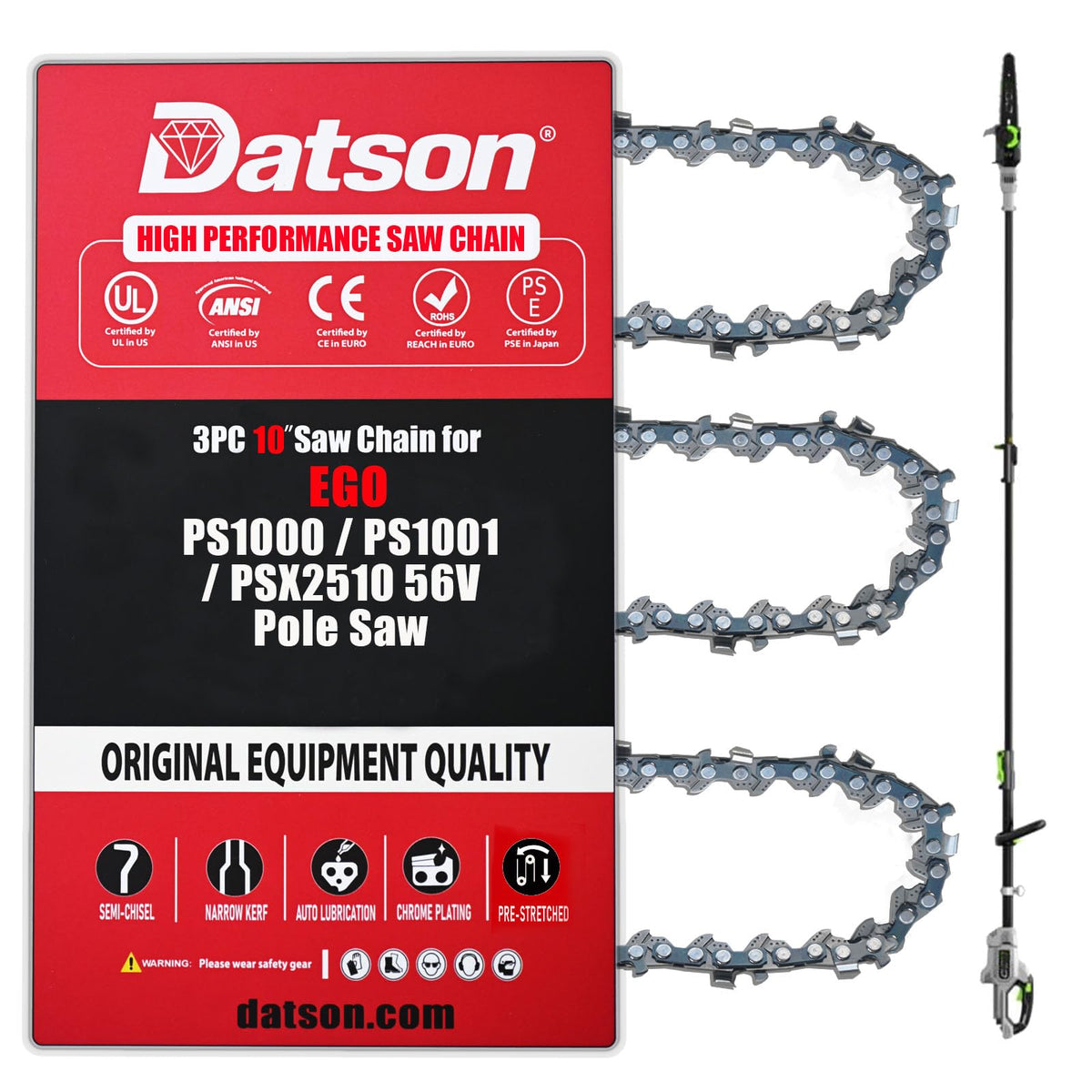 DatsenAAA 10-inch pole saw chain for EGO PS1000, smooth cutting and reliable performance.