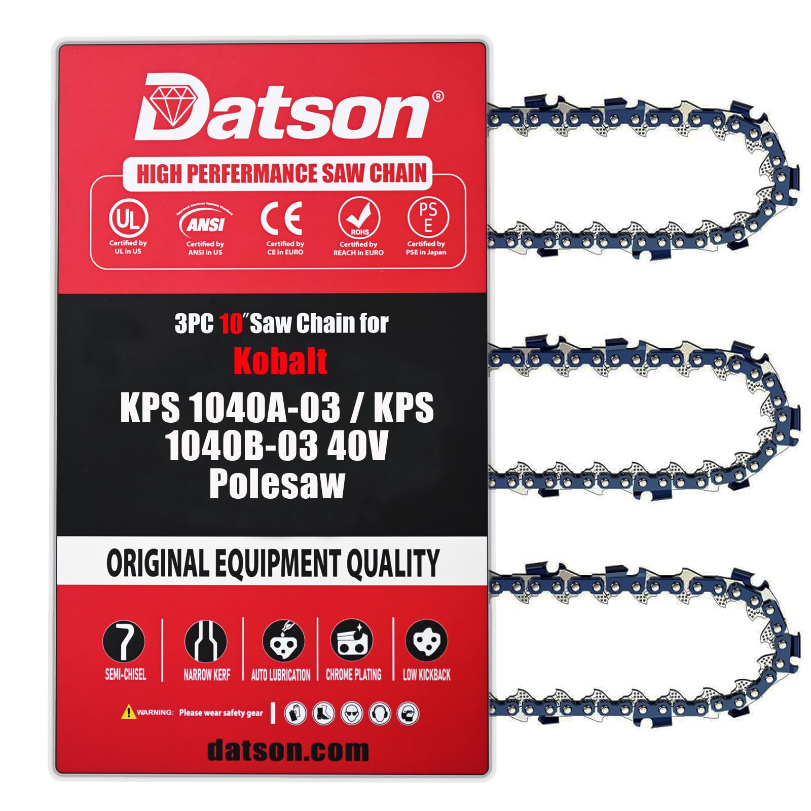 DatsenAAA 3PC 10-inch pole saw chain for Kobalt KPS 1040A-03, ready for immediate use.