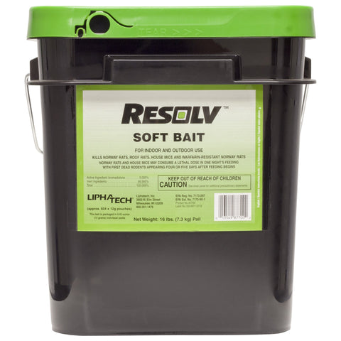 DavesPestDefense Resolv Soft Bait 16lb pail outer label indicating indoor and outdoor use.