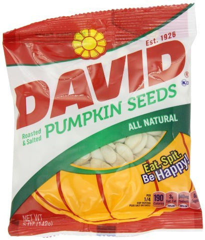 DAVID Seeds pumpkin seeds in 5-ounce bags, perfect for snacking and on-the-go.