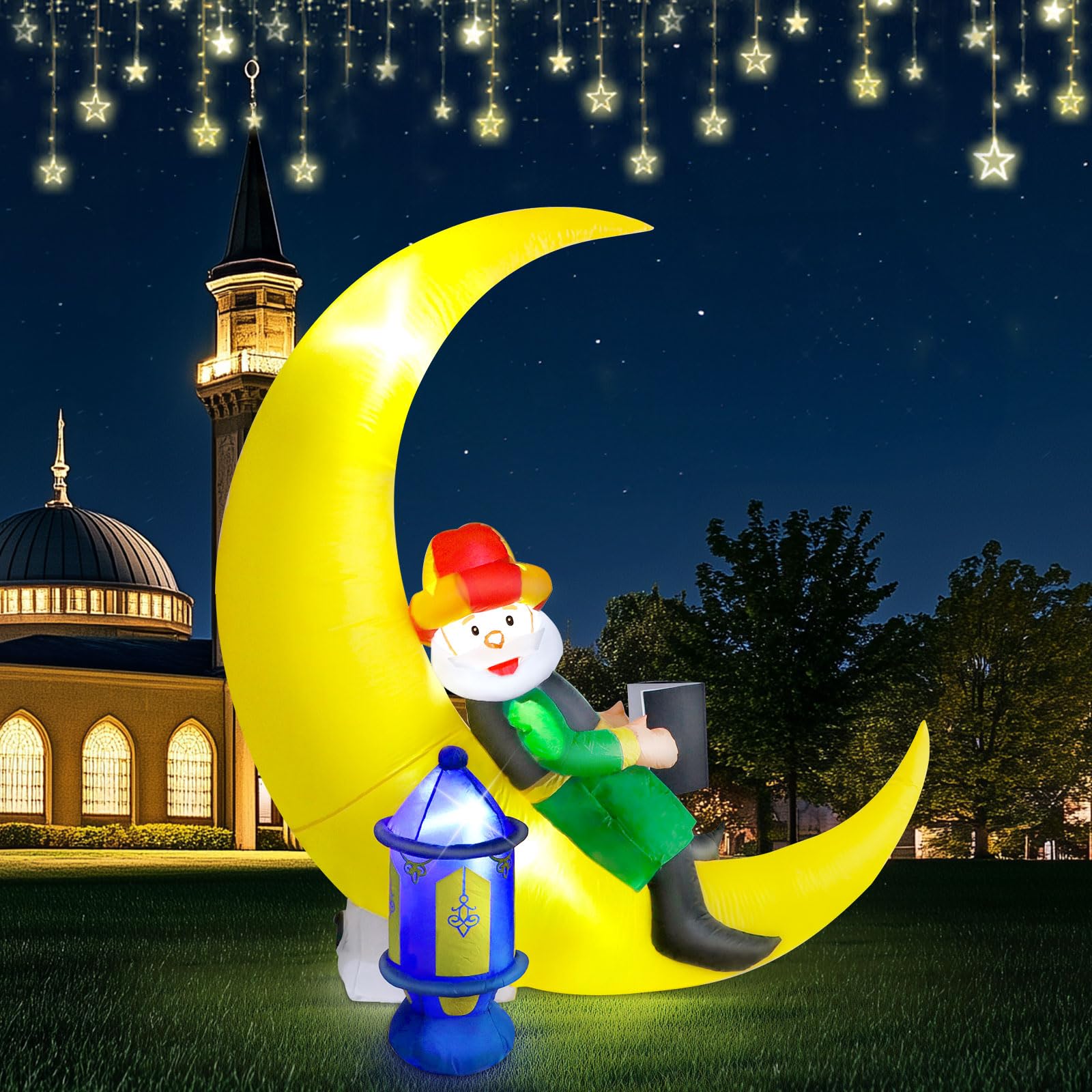 Dawdix Ramadan inflatable moon and lantern glow for outdoor Eid displays.