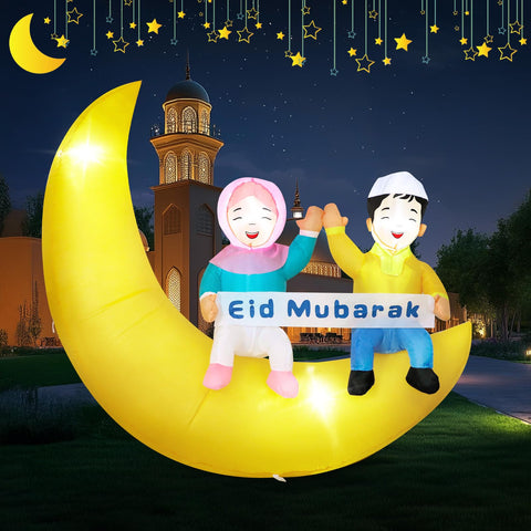 Dawdix ramadan inflatable crescent with children adds inviting outdoor festivity.