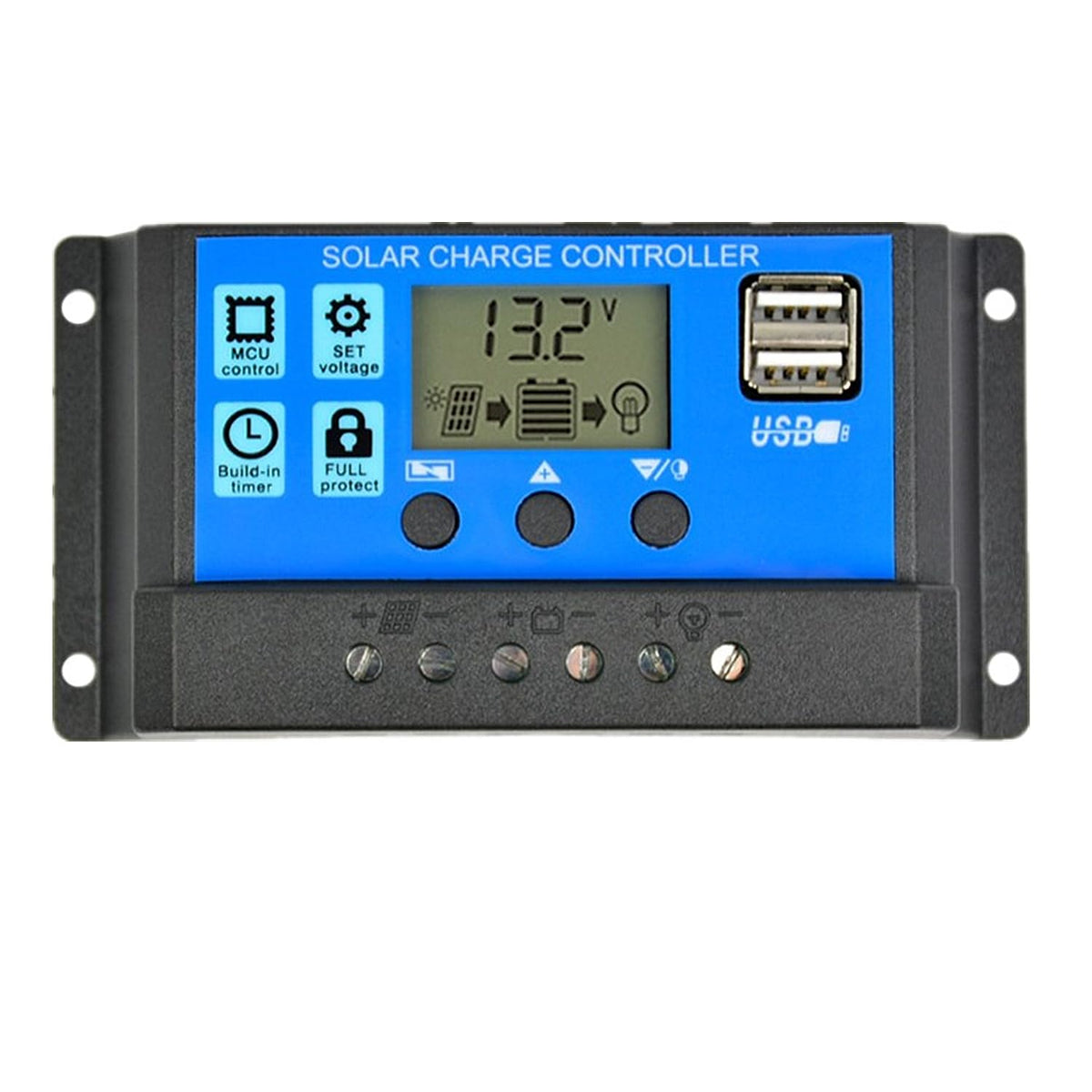 Dawnice solar charge controller front view with LCD displaying status and settings