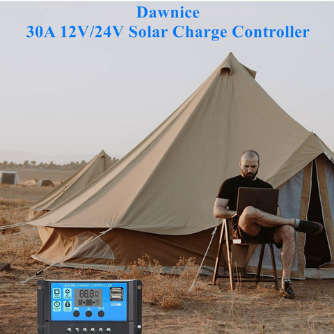 Dawnice solar charge controller packaging includes accessories and instructions