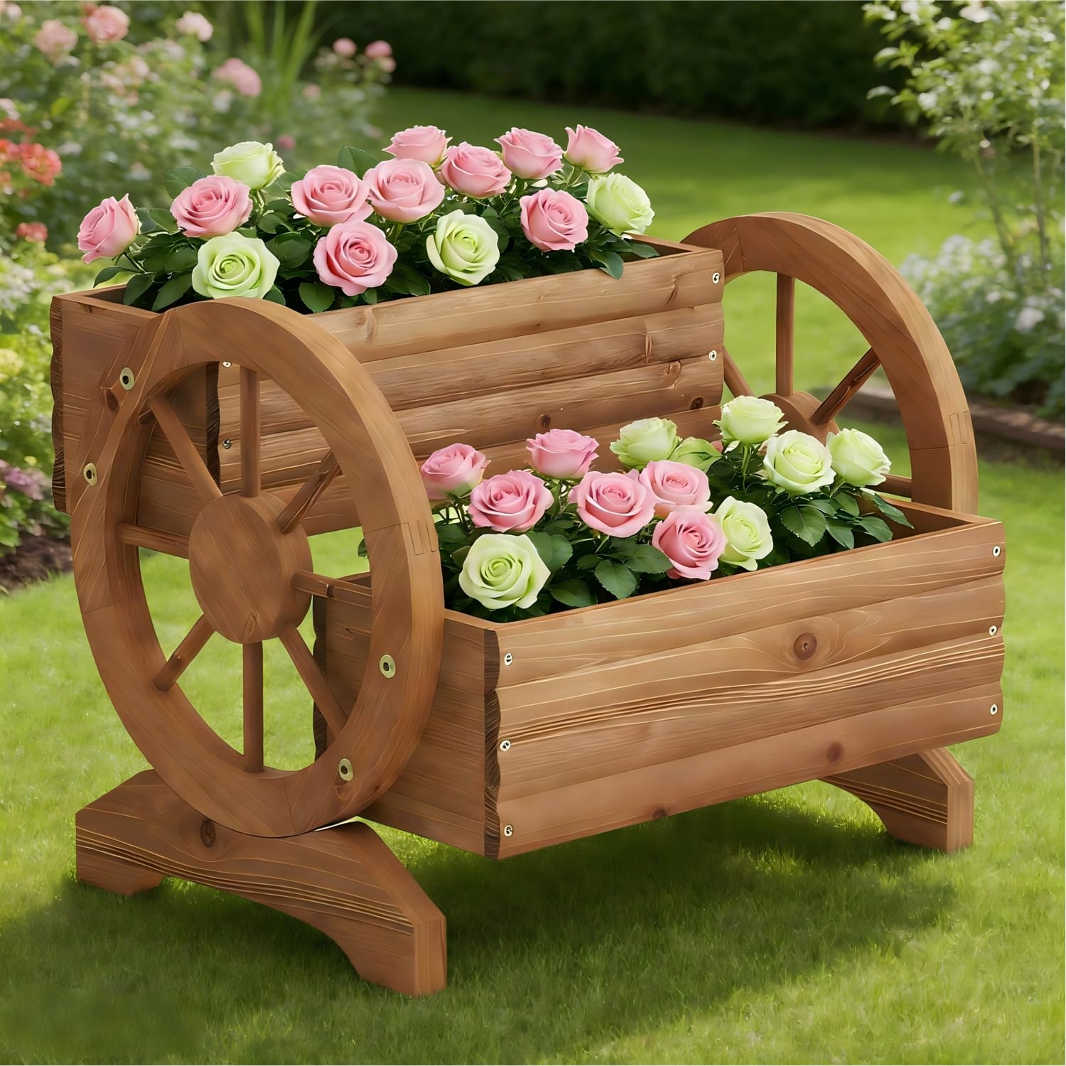 Dawnyard wooden wagon planter with brown finish adds warm porch charm.