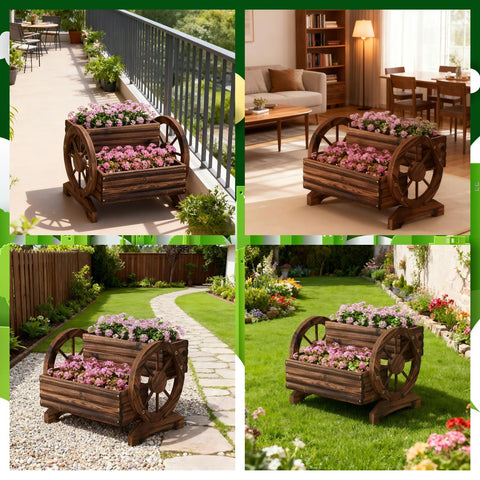 Dawnyard wooden wagon planter brown finish complements warm farmhouse decor
