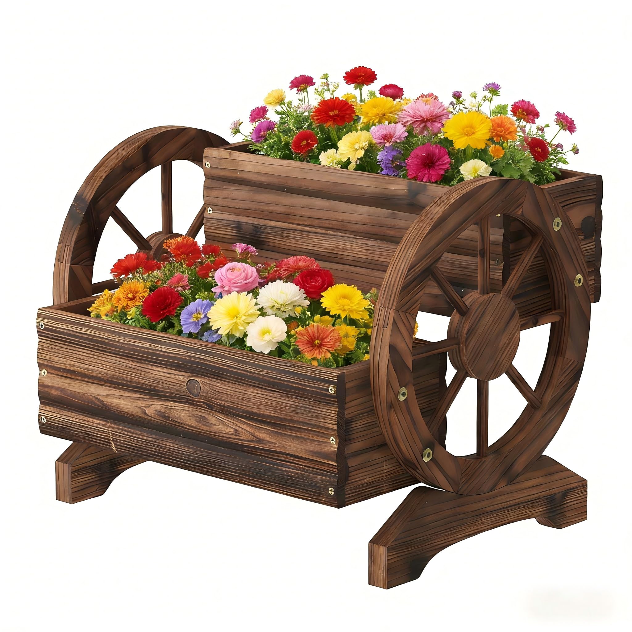 Dawnyard wooden wagon planter front view shows rustic charm for the patio