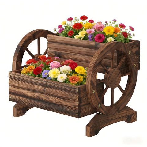 Dawnyard wooden wagon planter front view shows rustic charm for the patio
