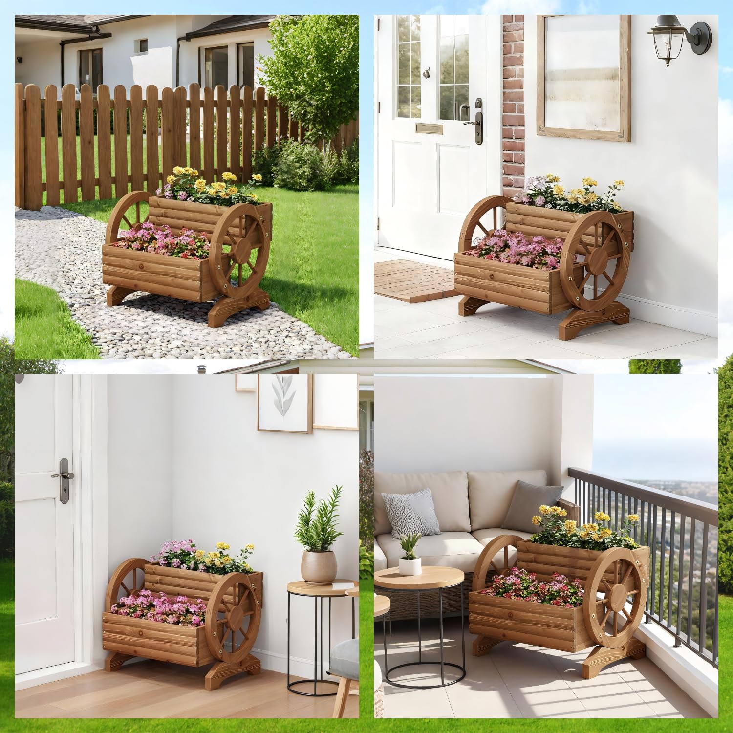 Dawnyard wagon planter with wheels shown in outdoor garden setting.