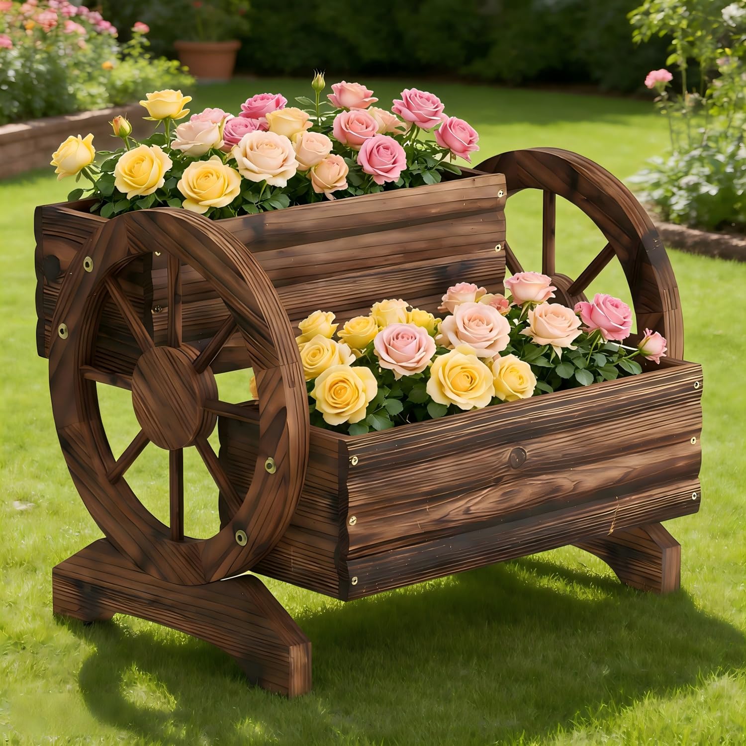Dawnyard wooden wagon planter side view highlights easy repositioning on balconies