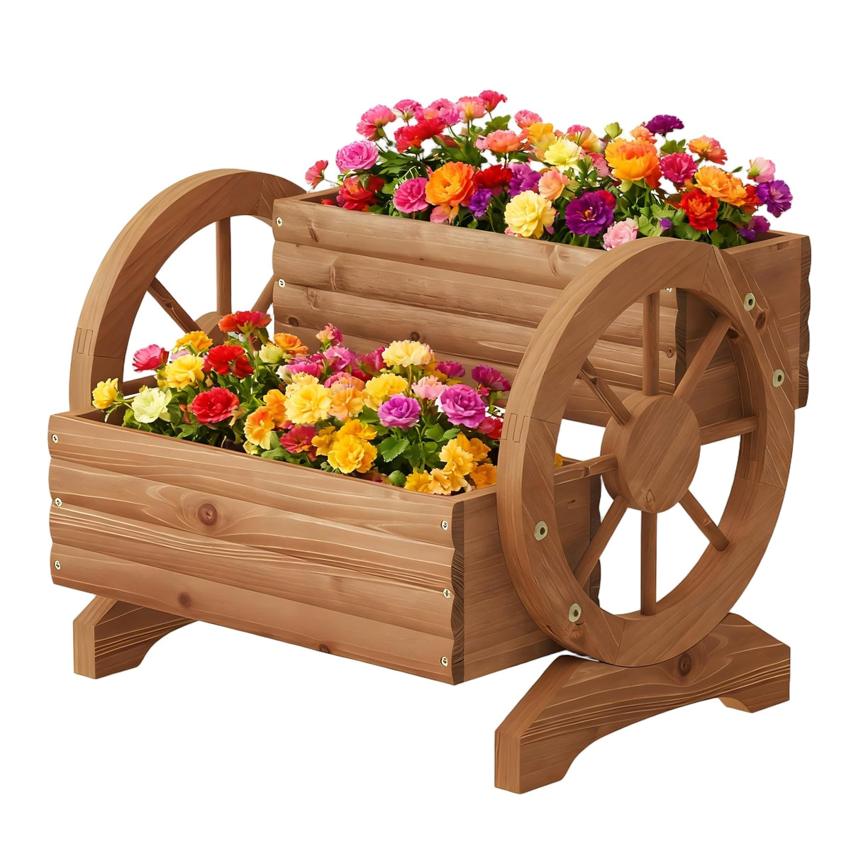 Dawnyard wooden wagon planter with wheels, easy to move on patios.