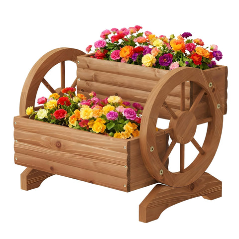 Dawnyard wooden wagon planter with wheels, easy to move on patios.