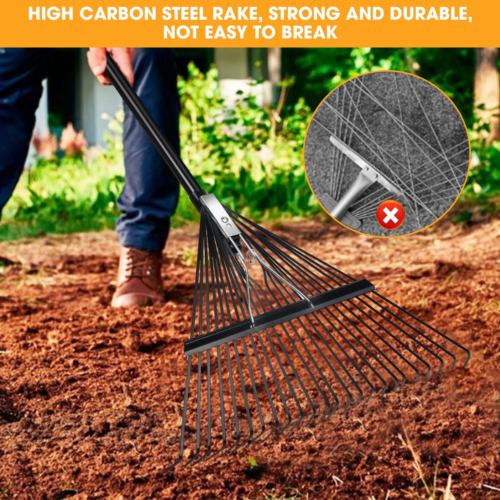 Daxguard multi-use garden rake for leaves and gravel around yards and campsites.
