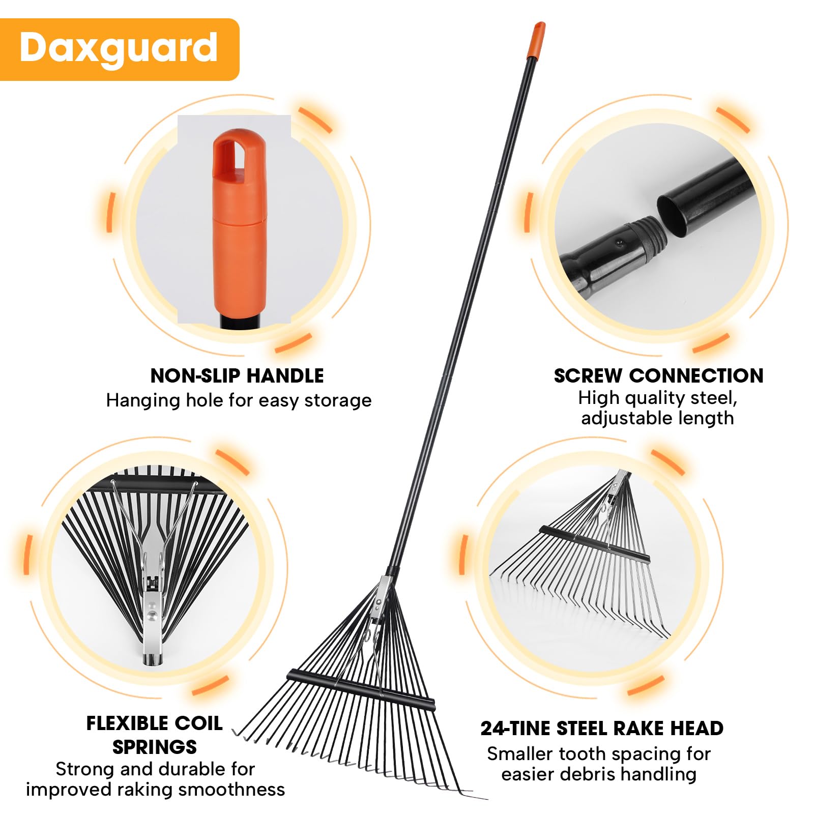 Wide 23.2-inch rake head from Daxguard for faster ground coverage.