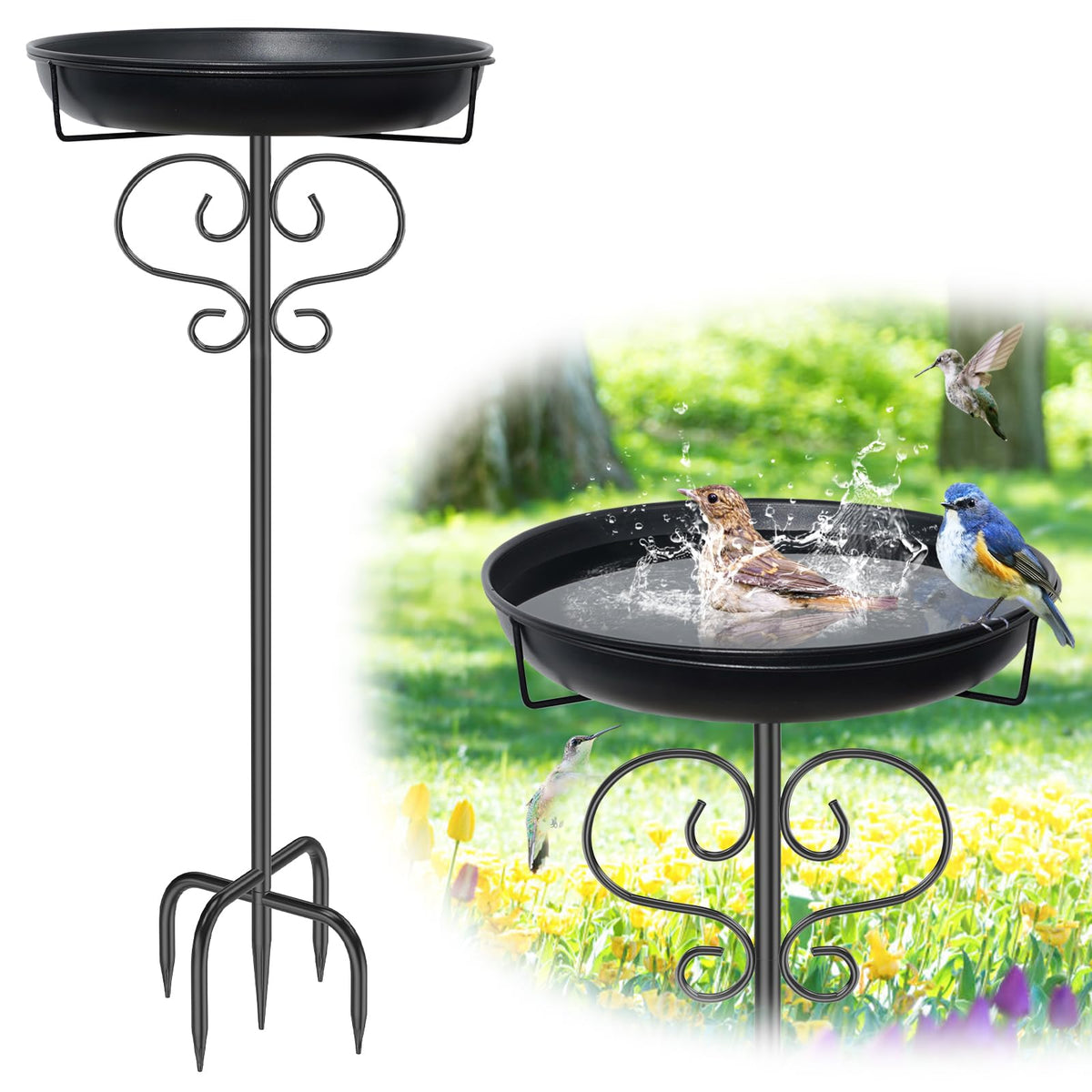 DAYSUP 40-inch bird bath on a stake attracts visiting birds.