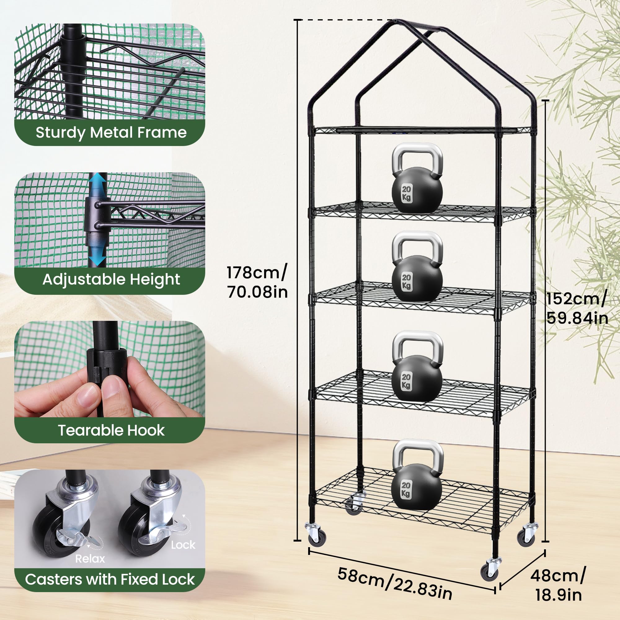 DazSpirit four-tier plant stand supports seedlings and small pots inside a greenhouse