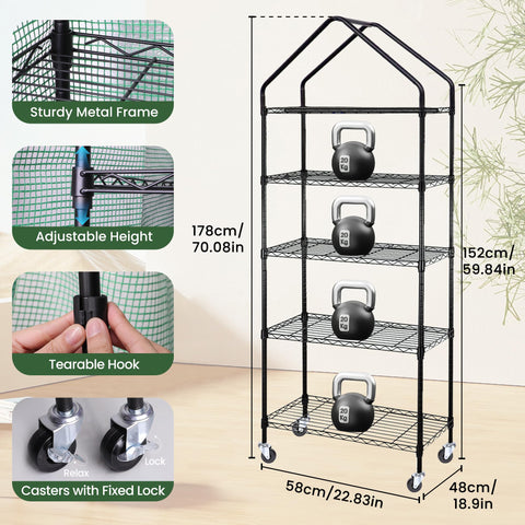 DazSpirit four-tier plant stand supports seedlings and small pots inside a greenhouse