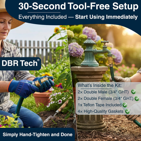 DBR Tech tool-free setup showing quick hand-tightened connection on brass adapter