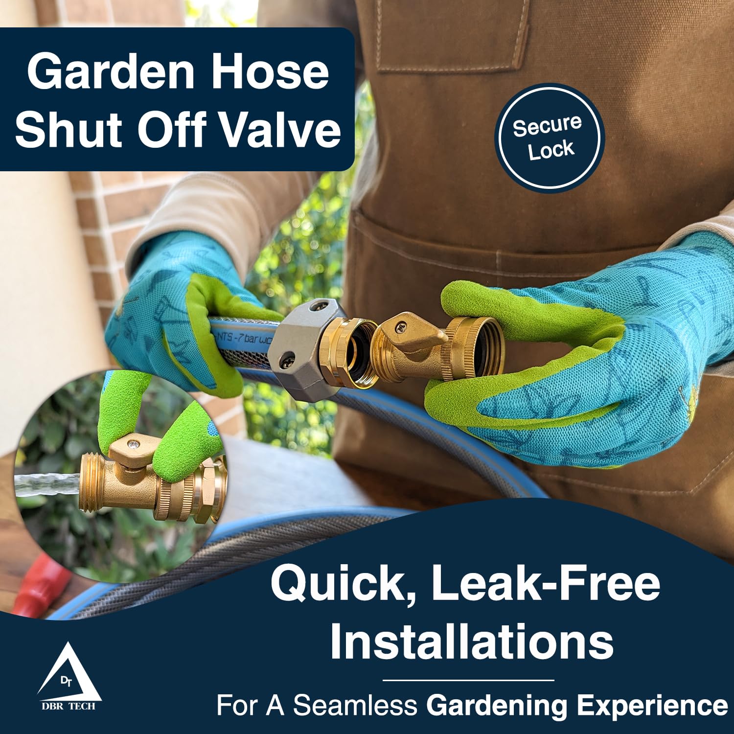 DBR Tech 3-4 brass valve mounted on hose showing universal fit