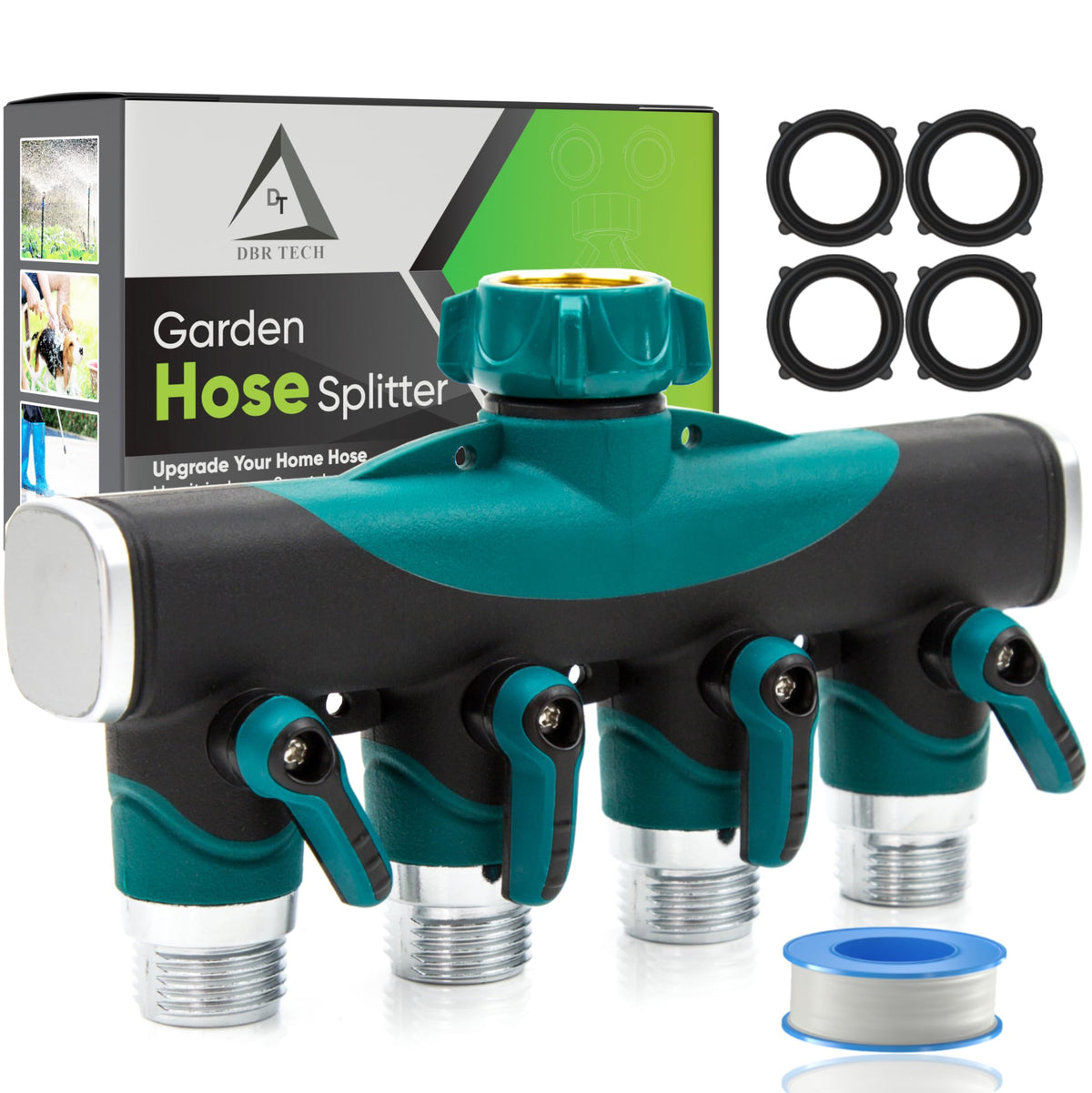 DBR Tech four-way hose splitter attached to faucet enabling multi-hose watering