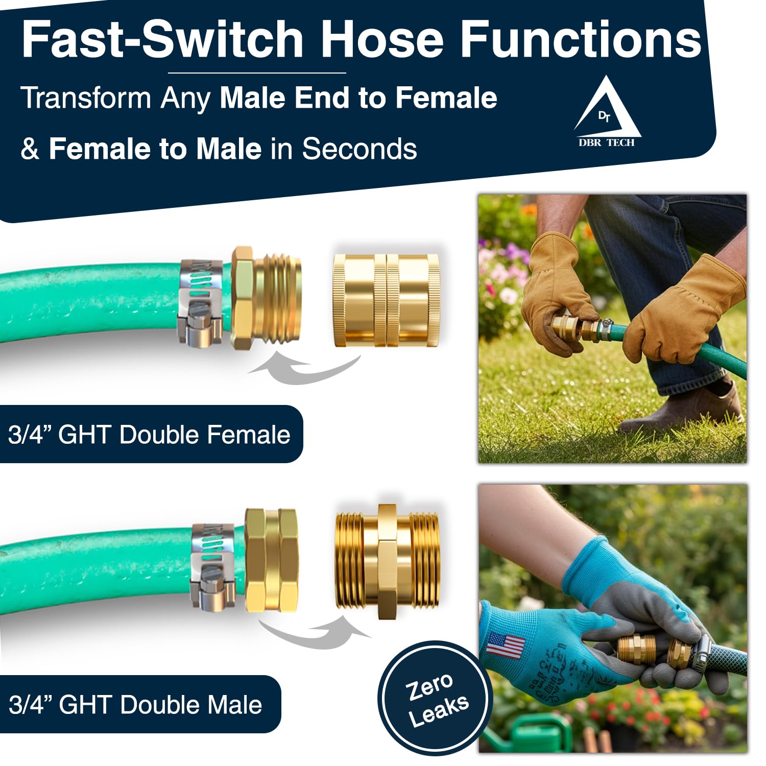 DBR Tech brass garden hose connector close-up enabling flexible female-to-female configurations
