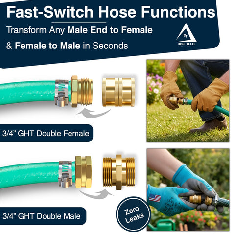 DBR Tech brass garden hose connector close-up enabling flexible female-to-female configurations