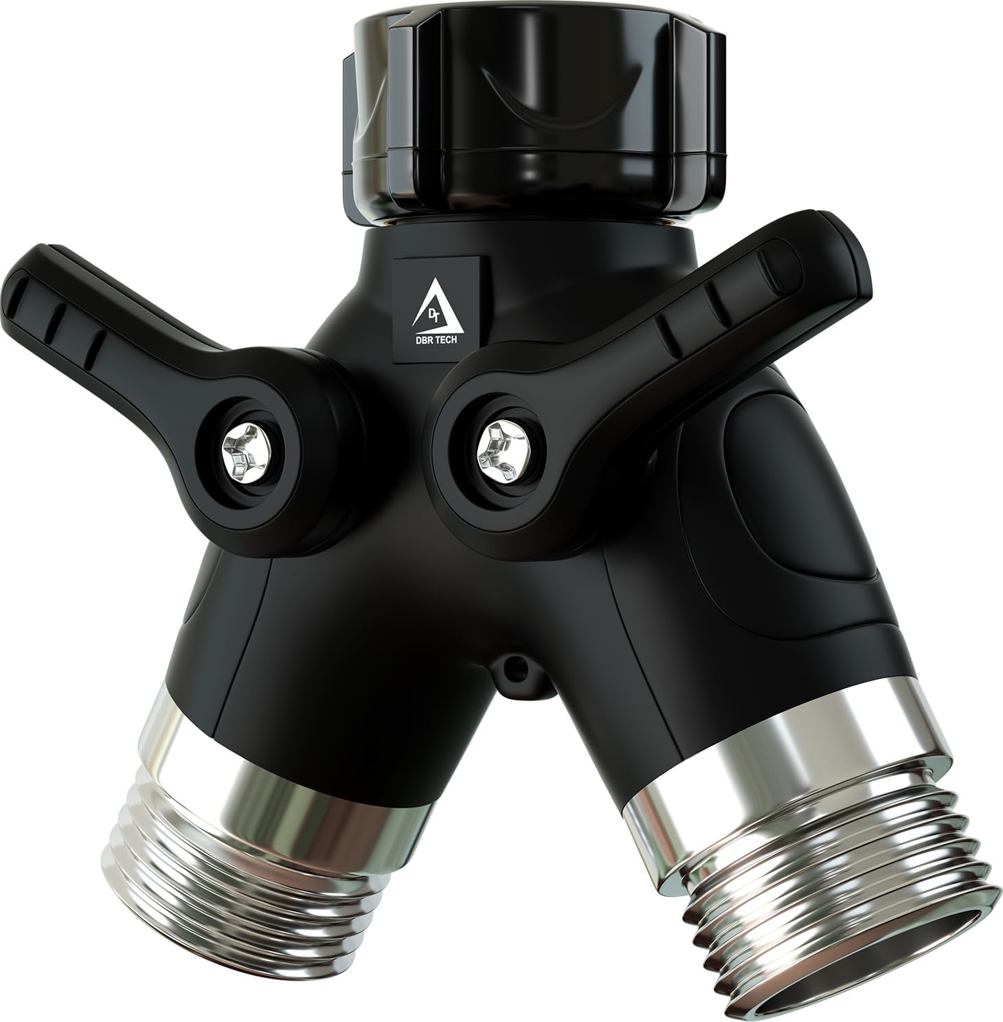 DBR Tech Garden Hose Splitter 2 Way with long handles for smooth turning outdoors.
