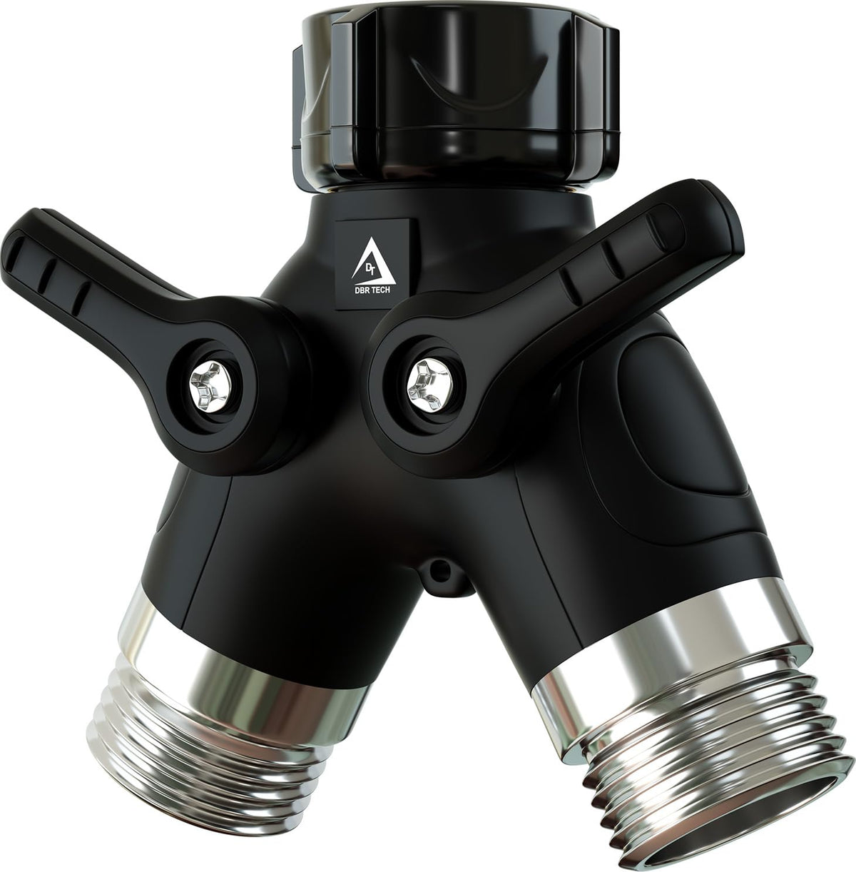 DBR Tech Garden Hose Splitter 2 Way with long handles for smooth turning outdoors.