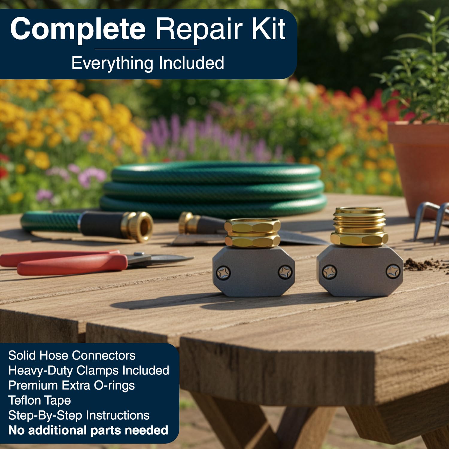 DBR Tech outdoor-compatibility photo shows hoses, sprinklers, nozzles, and irrigation gear.