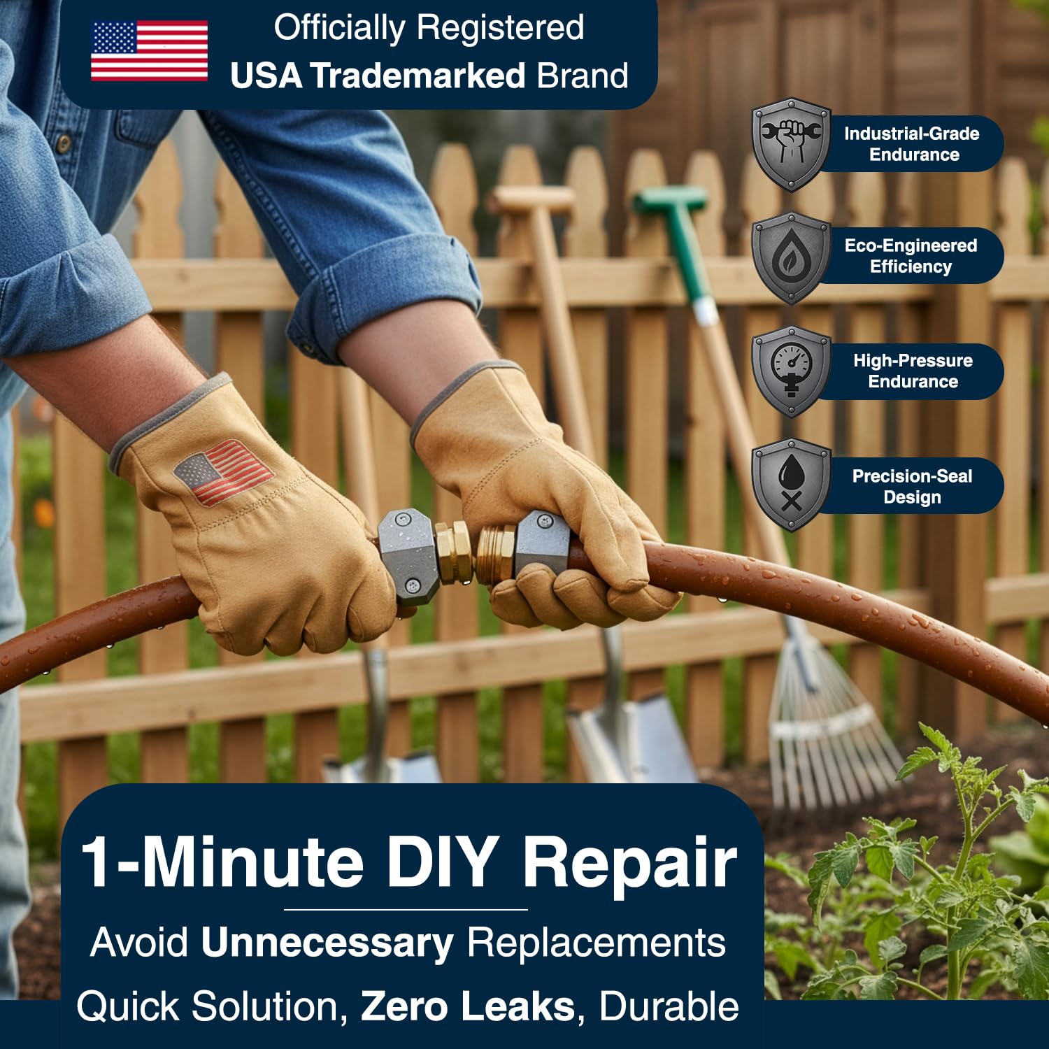 DBR Tech hose repair kit universal-fit image highlights compatibility with 3/4 and 5/8 inch hoses.