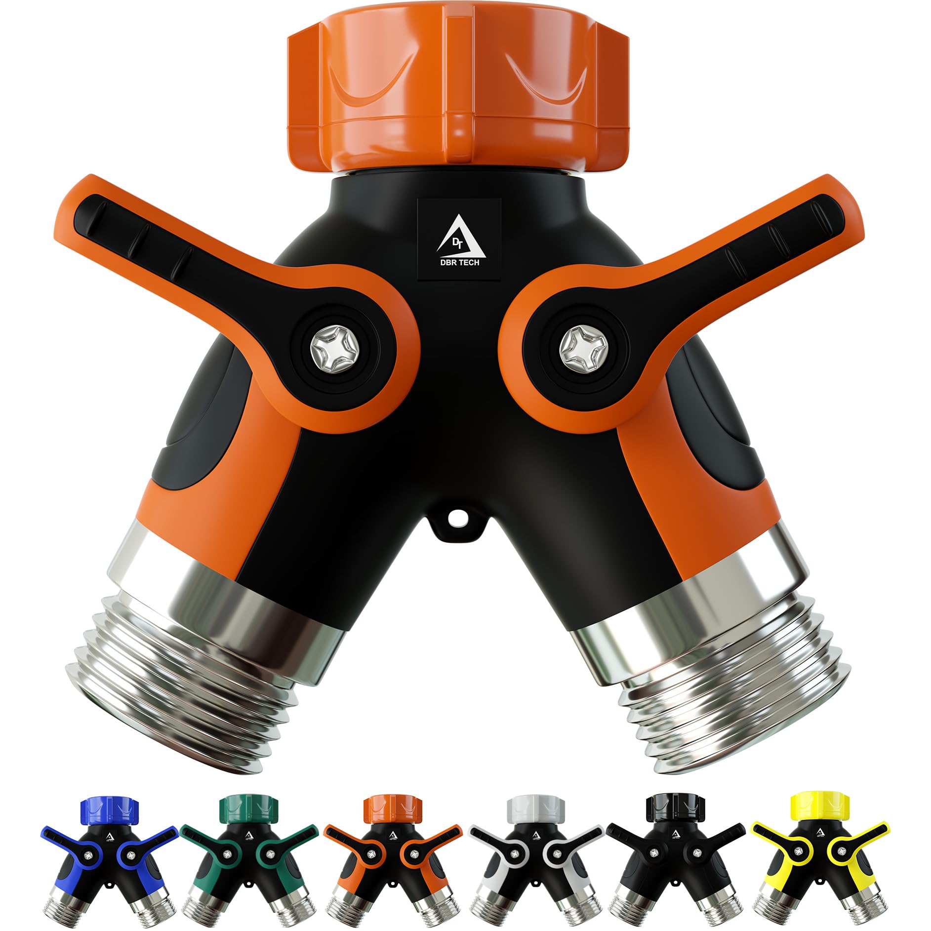 DBR Tech hose splitter orange body with dual outlets for simultaneous watering.