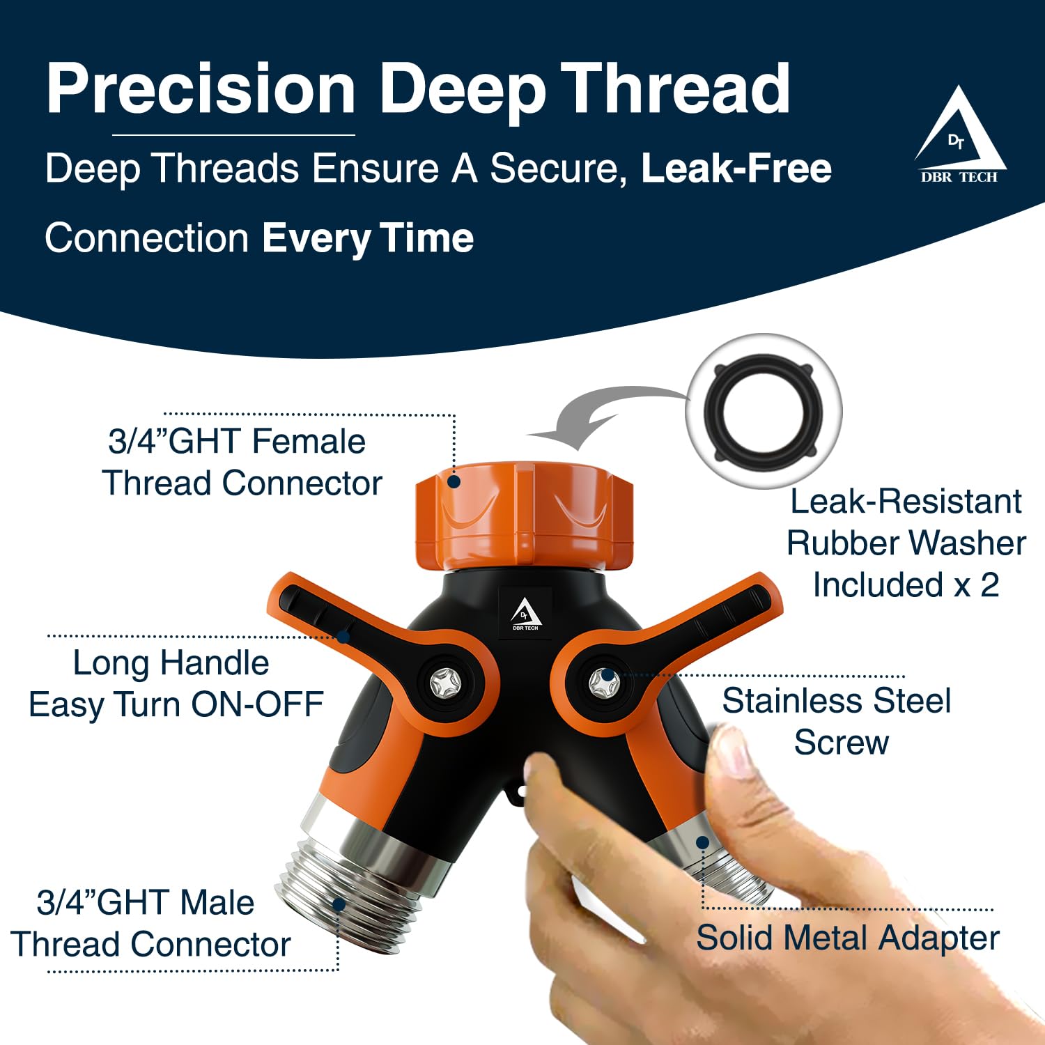 Heavy-duty zinc alloy construction of the DBR Tech hose splitter.