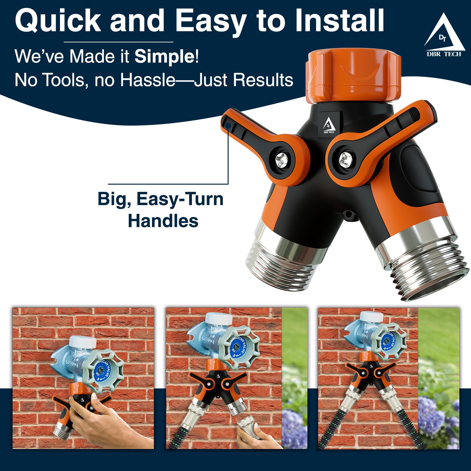 DBR Tech hose splitter installed on spigot for easy outdoor use.