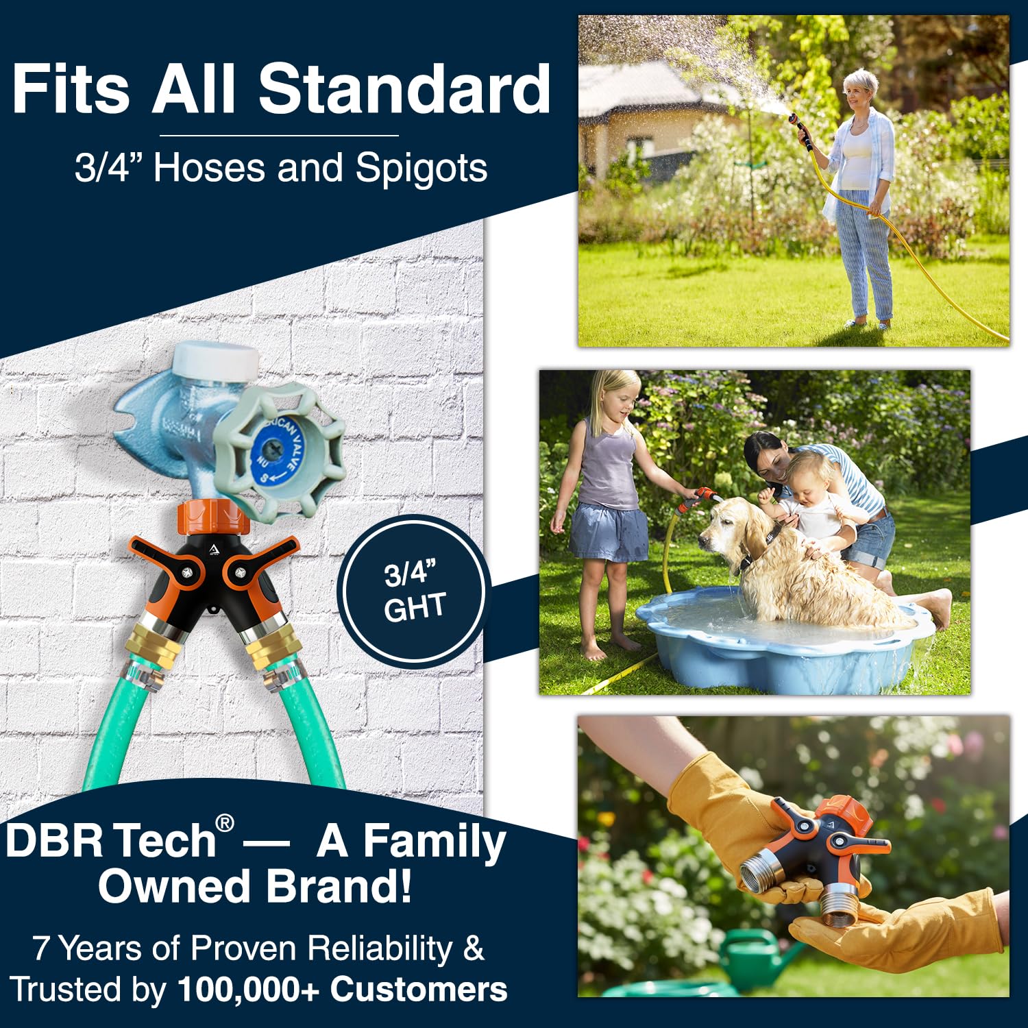 Wide-flow outlets on the DBR Tech 2-Way splitter for efficient watering.