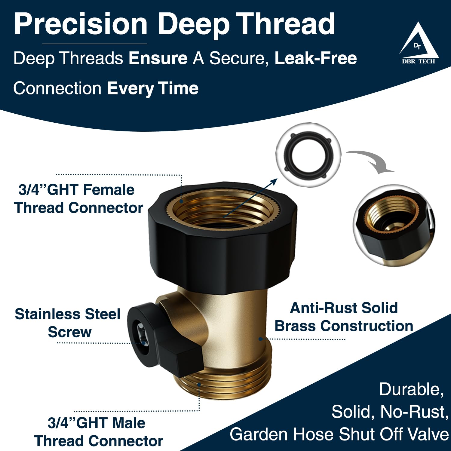 DBR Tech solid brass construction resists rust and wear for long life.