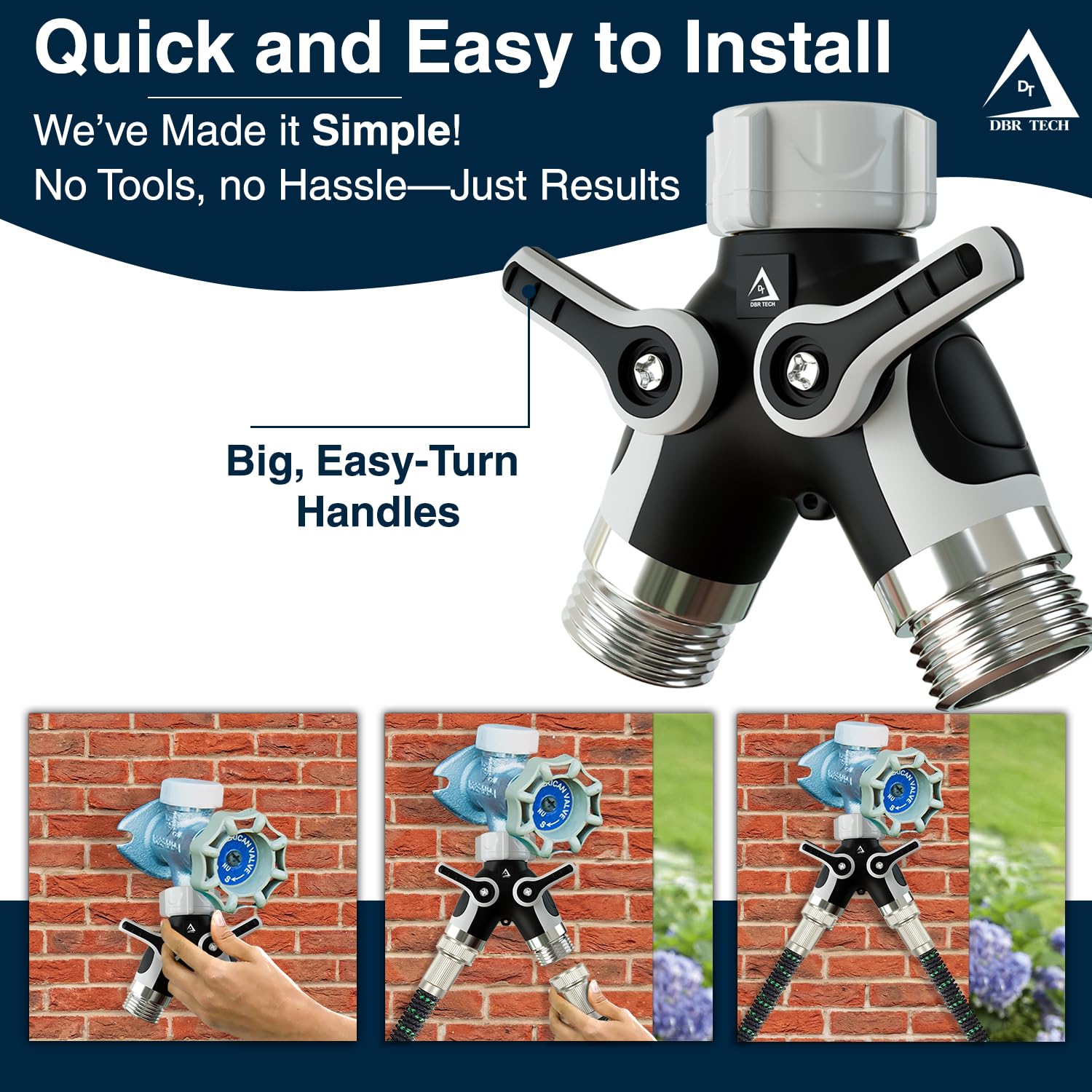 DBR Tech zinc alloy construction provides durable, leak-resistant outdoor use.