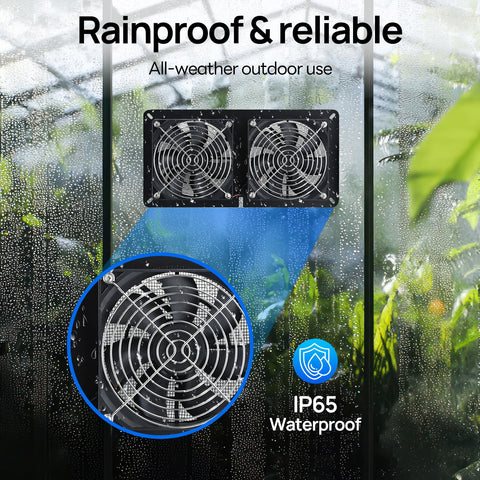 DC HOUSE metal protective case shields fan blades outdoors.