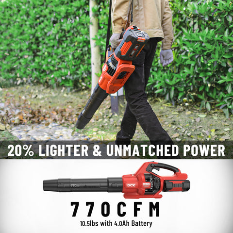 DCK58V leaf blower battery and charger highlight quick setup and long runtime.