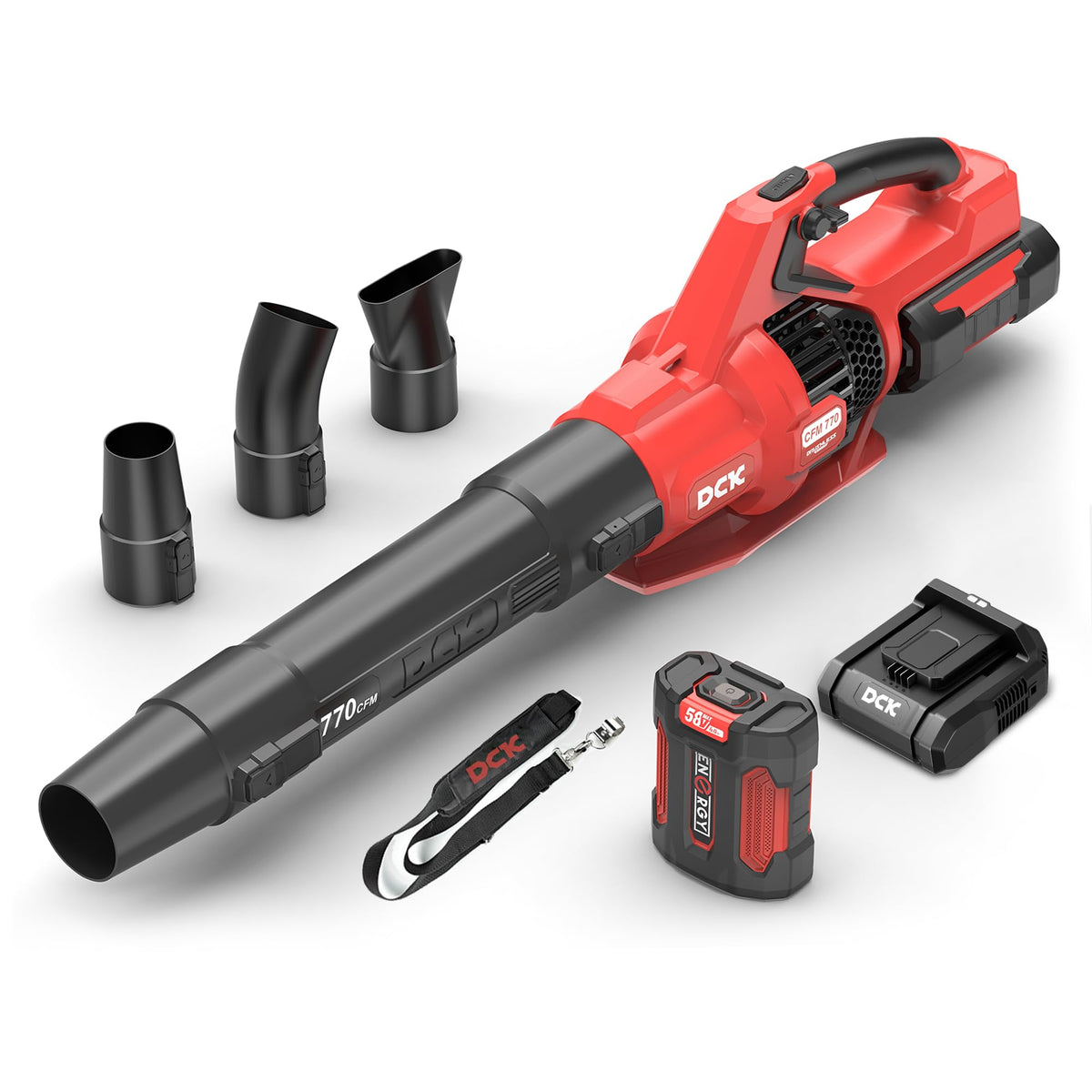 DCK58V leaf blower front view highlights 770 CFM airflow for fast yard cleanup.