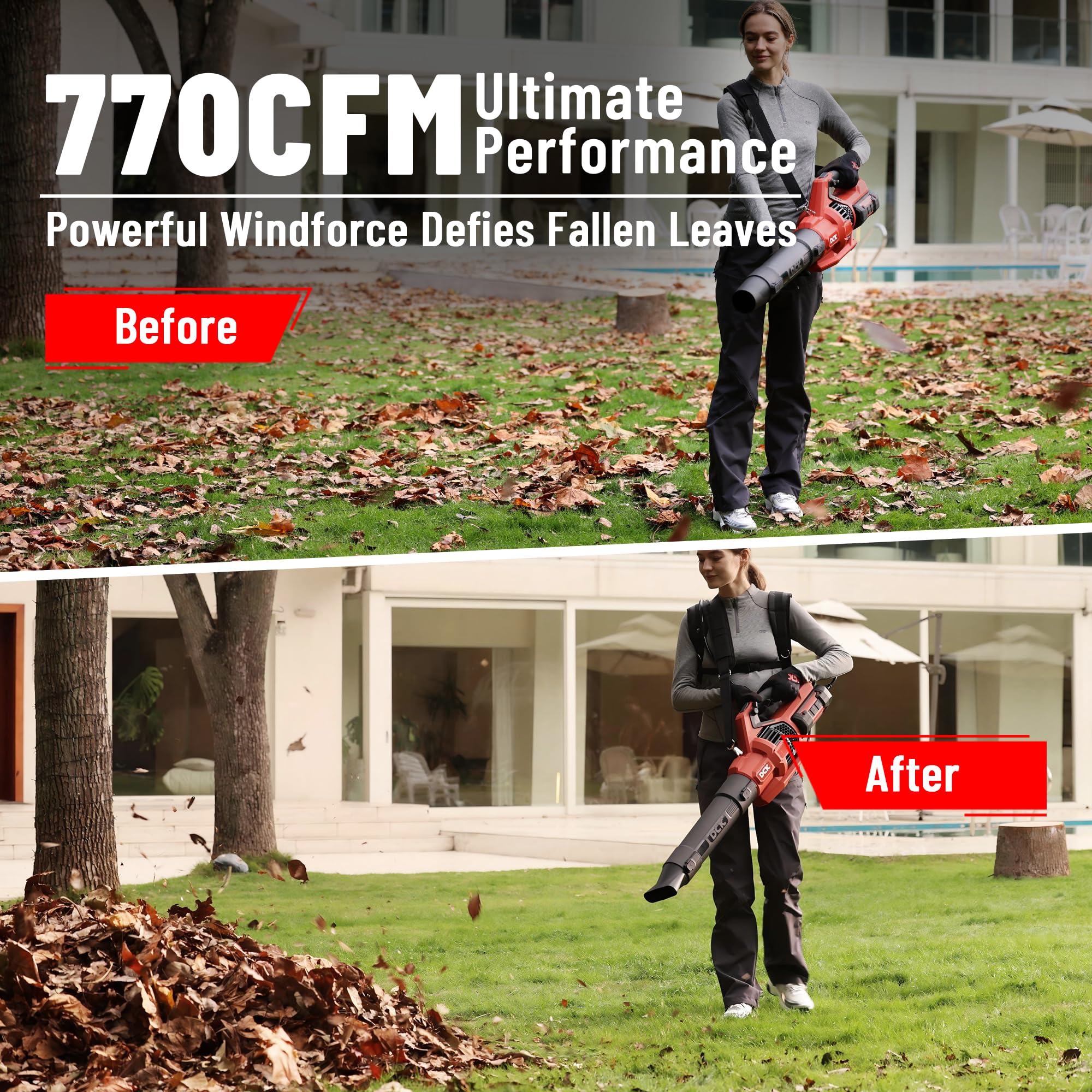 DCK58V leaf blower nozzle attachments illustrate versatile airflows for debris.