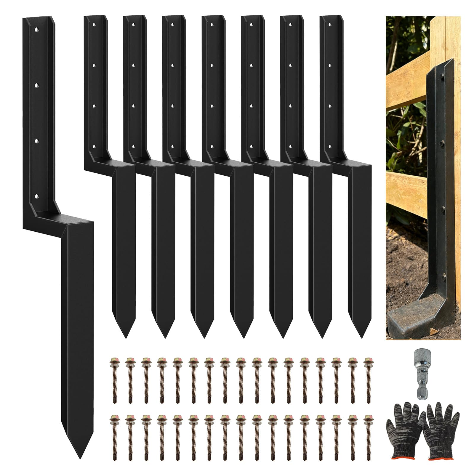DCLFIRMX fence post repair brackets stabilize a loose post in a yard fence.