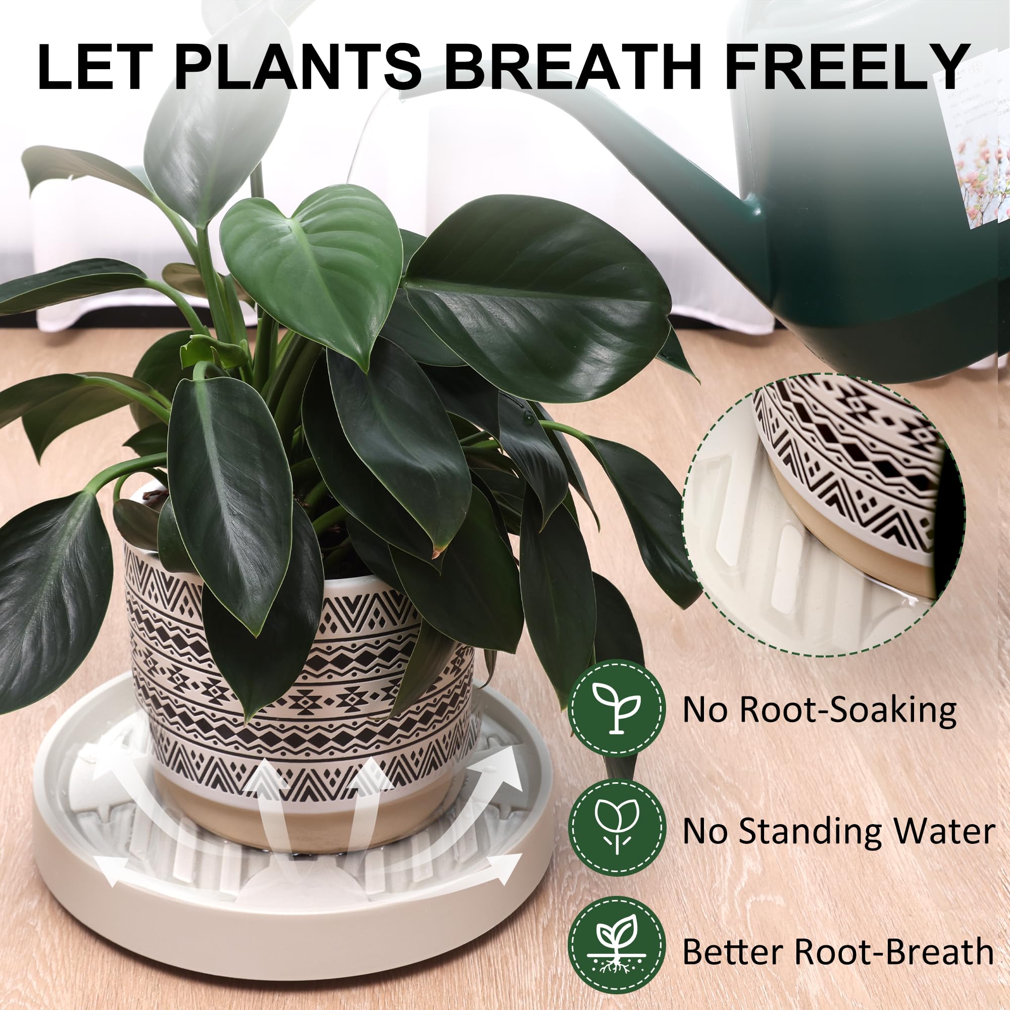 Dcpes water grooves plant mover helps manage excess moisture around pots.