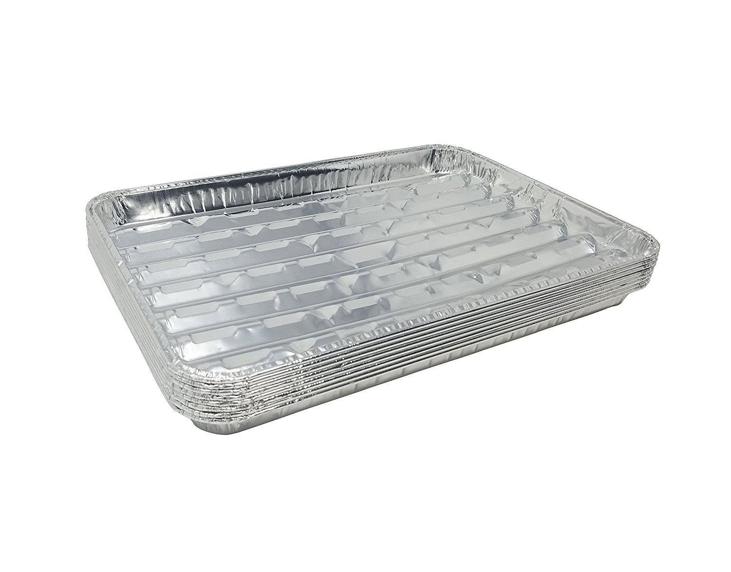 DCS Deals pack of 15 disposable aluminum broiler pans with ribbed bottom for grill marks.
