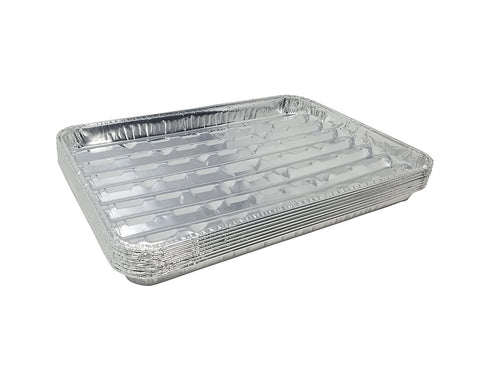 DCS Deals pack of 15 disposable aluminum broiler pans with ribbed bottom for grill marks.
