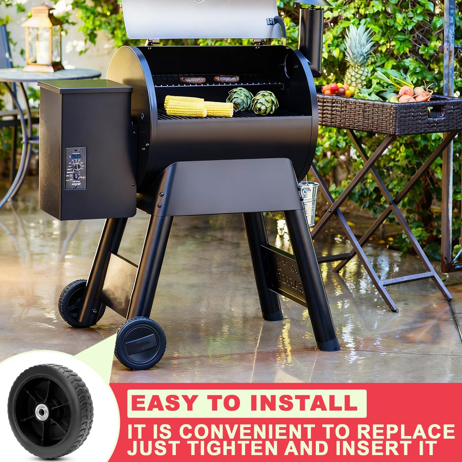 DcYourHome Eastwood 34/22 wheel shown on grill for reliable outdoor use.