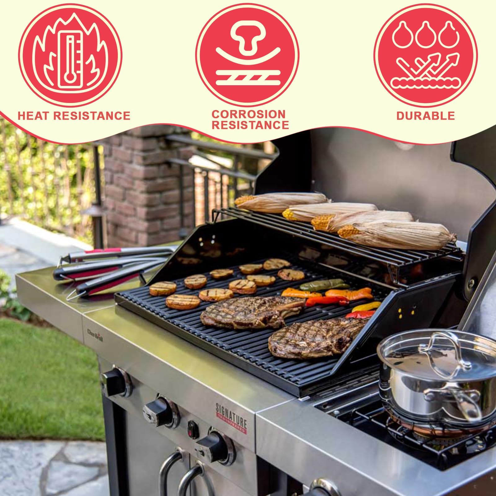 DcYourHome enamel-coated cast iron grill grate for Char-Broil 3-burner preserves rust resistance and easy cleaning.